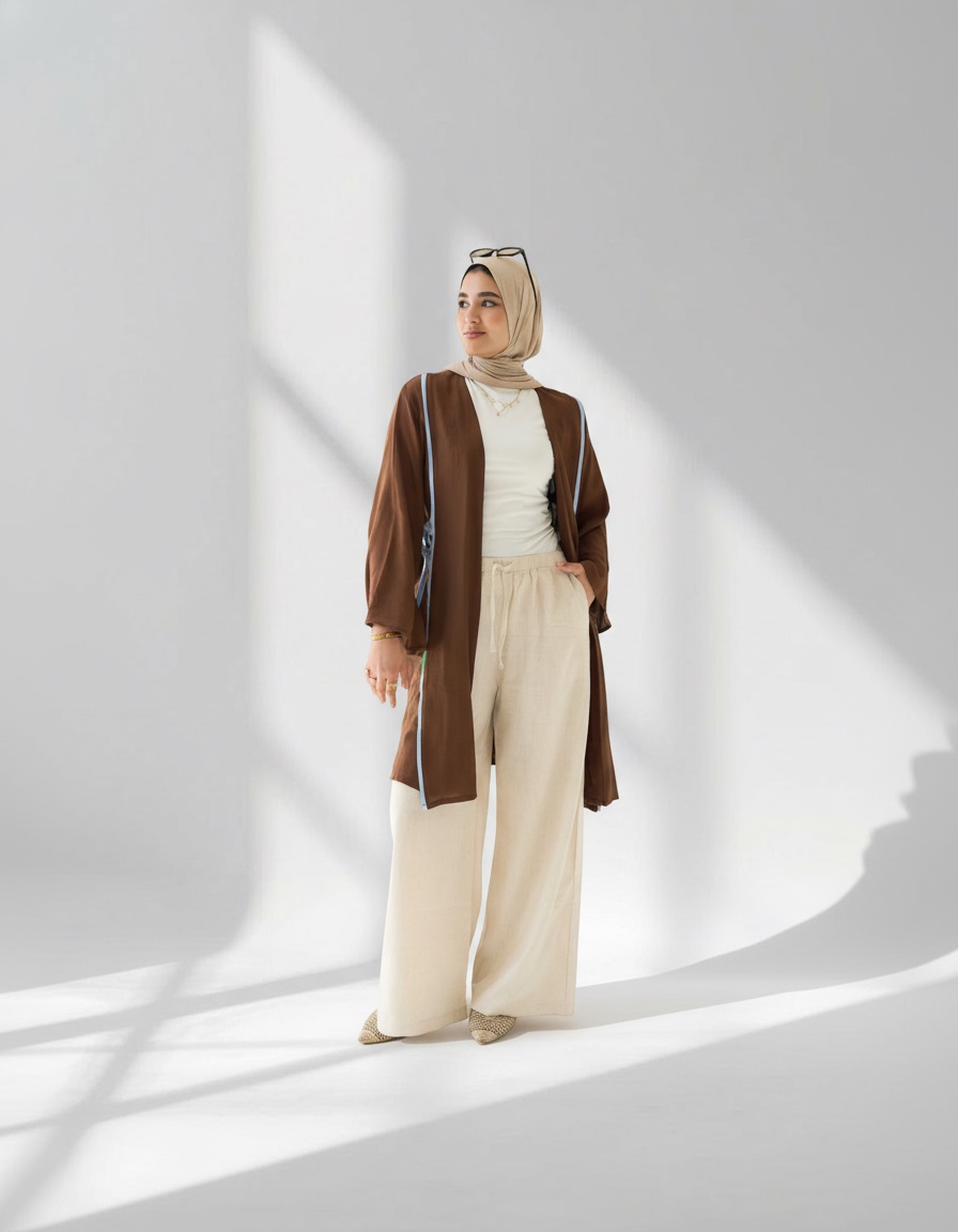 Brown Galaxy Linen Cardigan, a long open cardigan with contrast piping