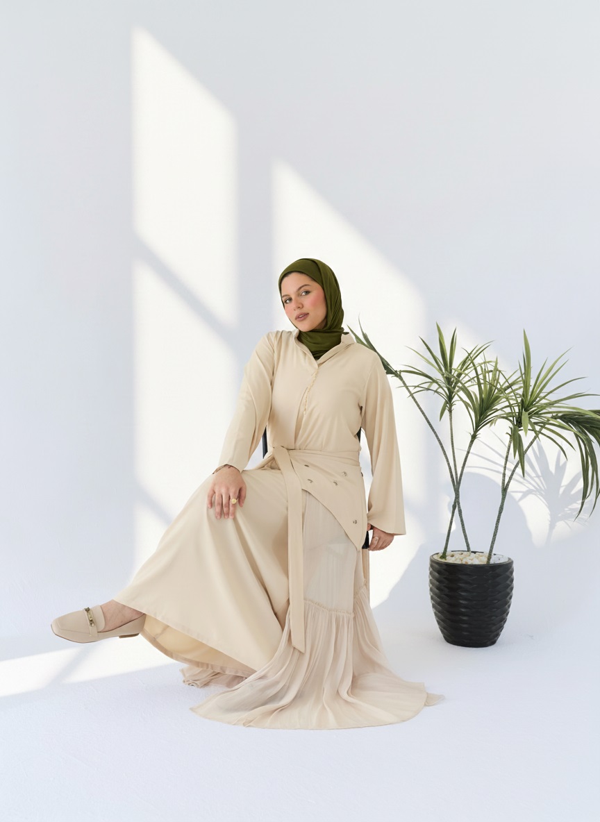 Beige Mada Dress, a trench-inspired wrap dress in flowing chiffon