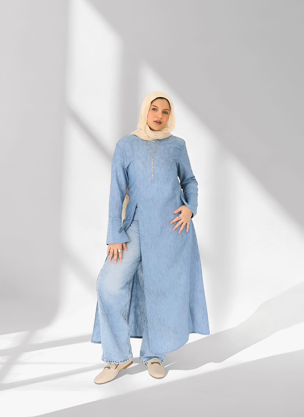 Blue Modern Tunic Dress in washed denim-blue with a dramatic side split